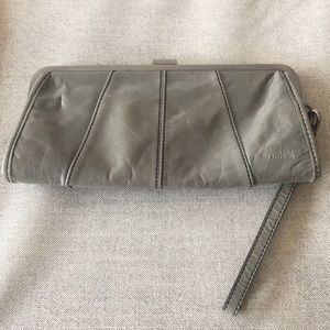 Gray leather clutch wristlet